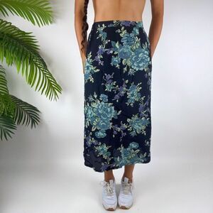 Vintage Y2K Blue Floral Cottagecore High Waisted Fairycore Midi Skirt / Size: 2